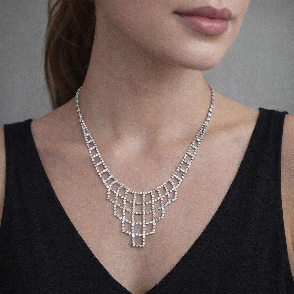 Vintage‎ Silver Tone Rhinestone Geometric Grid Bib Statement Necklace
